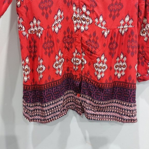 Anthropologie MAEVE Woodland Walk Geometric Aztec Red Button Up Blouse Size 8 - Picture 6 of 9